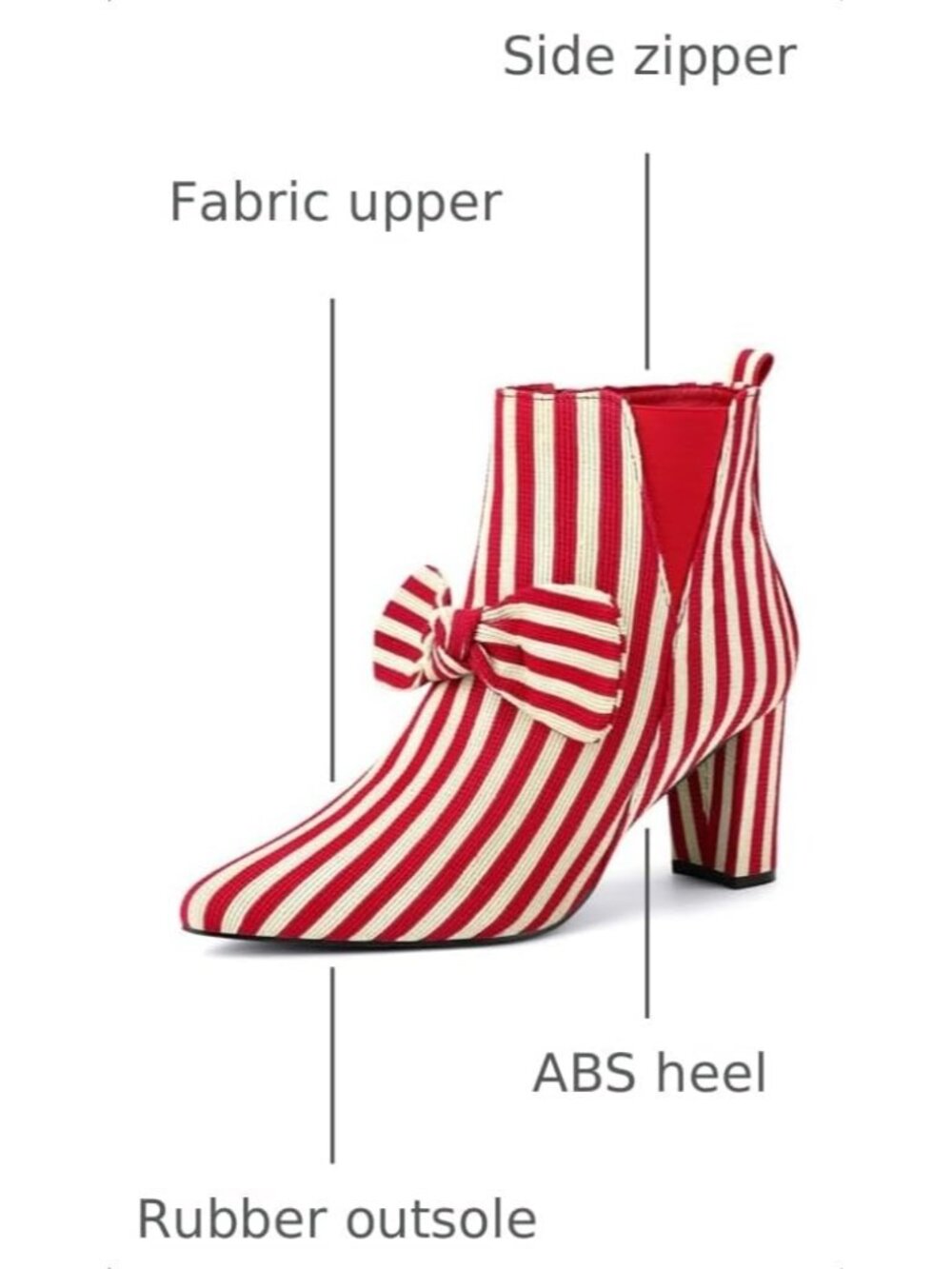 Women's Red Fashionable Bow Stripe Pointed Toe Chunky Heels Winter Ankle Boots - Picture 3 of 6